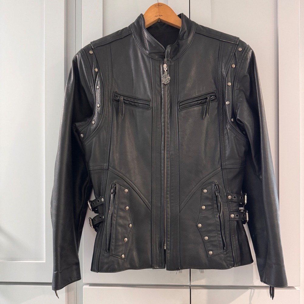 Harley-Davidson Womens Black Leather Studded Fringe Biker Moto Jacket Medium